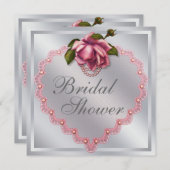シルバーピンクローズハートブライダルシャワー 招待状 (正面/裏面)
