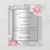 シルバーピンク白フローラ予算結婚式招待状 チラシ (正面)