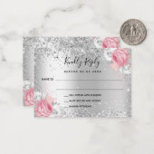 シルバーピンク白花模様グリッター結婚式RSVP ノートカード (正面/裏面インサイチュ)