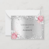 シルバーピンク白花模様グリッター結婚式RSVP ノートカード (裏面)