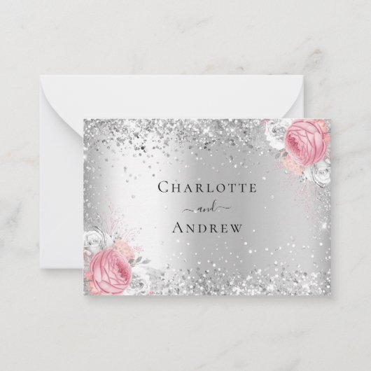 シルバーピンク白花模様グリッター結婚式RSVP ノートカード (裏面)
