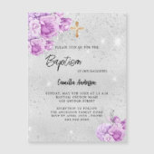 シルバーピンク紫の花の女の子豪華バプテスマ マグネット招待状 (正面)