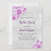 シルバーピンク紫の花ブライダルシャワー 招待状 (正面)