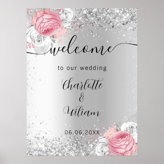 シルバーピンク結婚の花の歓迎サイン ポスター (正面)