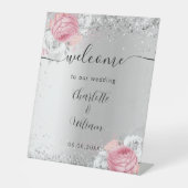 シルバーピンク結婚の花の歓迎サイン 台座サイン (正面)