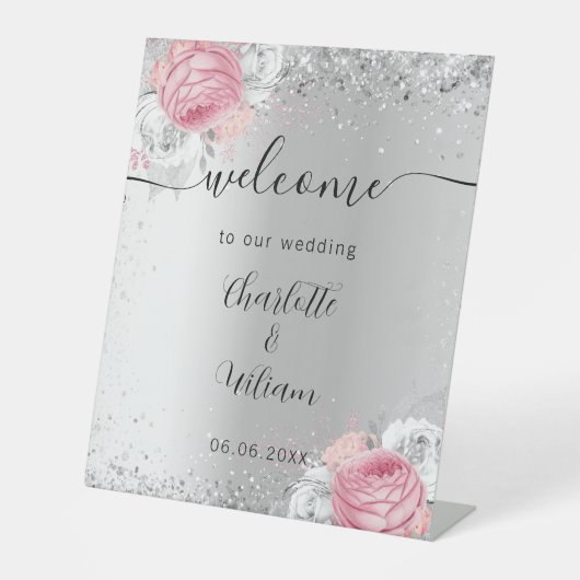 シルバーピンク結婚の花の歓迎サイン 台座サイン (正面)
