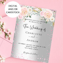 シルバーピンク花模様グリッターエレガントな結婚式 招待状