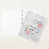 シルバーピンク花模様グリッター名エレガント プランナー手帳 (ディスプレー)