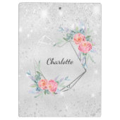 シルバーピンク花模様グリッター名 クリップボード (裏面)