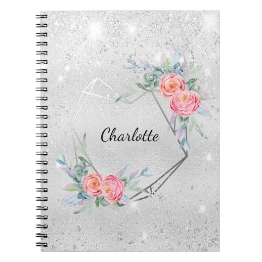 シルバーピンク花模様グリッター名 ノートブック (正面)