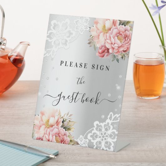 シルバーピンク花模様レースのゲストブックサイン 台座サイン (インサイチュ)