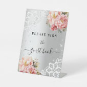 シルバーピンク花模様レースのゲストブックサイン 台座サイン (正面)