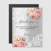 シルバーピンク花模様レースサンキューカード磁石 (正面/裏面)