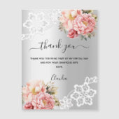 シルバーピンク花模様レースサンキューカード磁石 (正面)