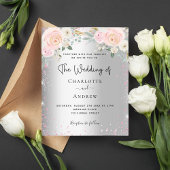 シルバーピンク花模様予算結婚式招待状