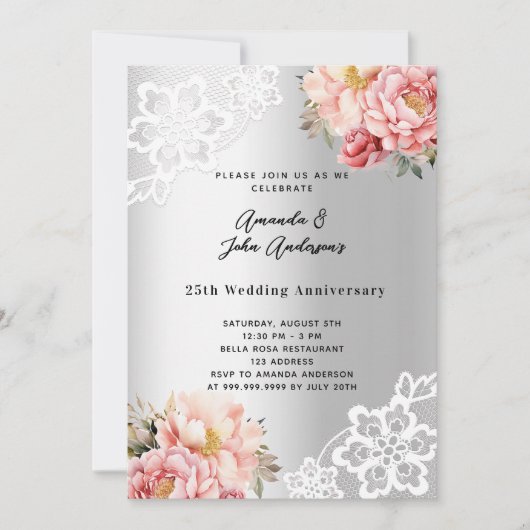 シルバーピンク花模様結婚25周年 招待状 (正面)