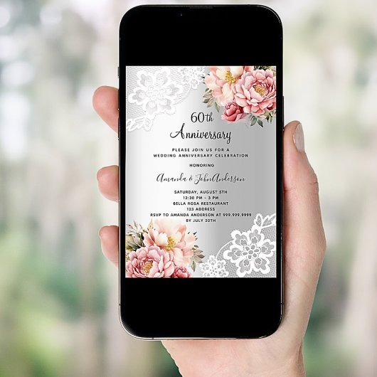 シルバーピンク花模様結婚60周年 招待状