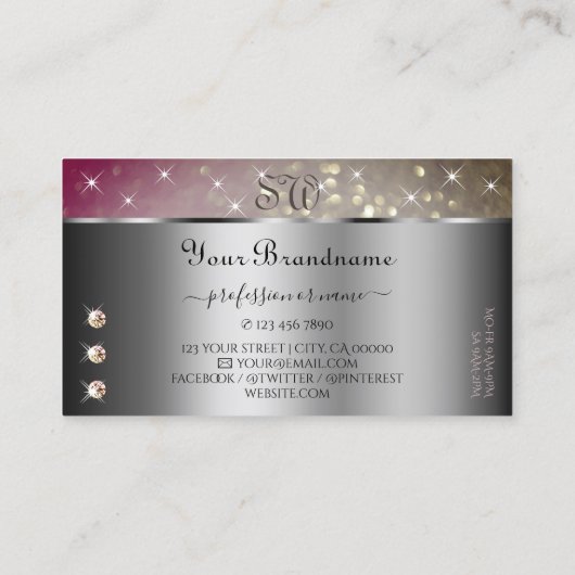 シルバーピンク金ゴールドグリッターラインストーンズアンドモノグラム 名刺 (裏面)