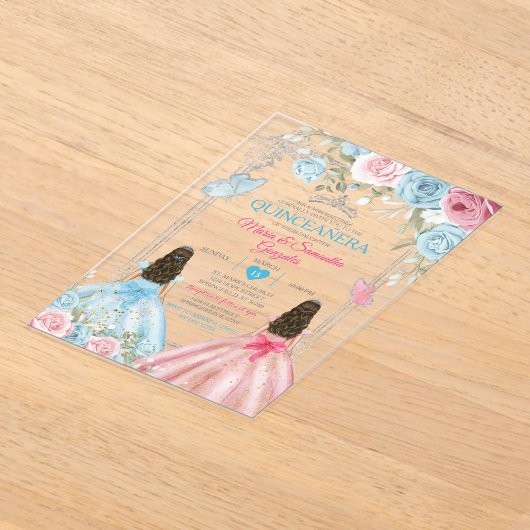 シルバーピンク&パステルブルーバタフライキンセアニラ アクリル招待状 (レイダウン)