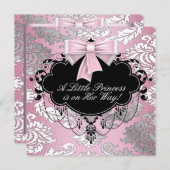 シルバーピンク&ブラックプリンセスベビーガールシャワー 招待状 (正面/裏面)
