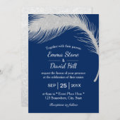 シルバーピーコックフェザーネイビーブルー結婚ズ 招待状 (正面/裏面)