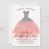 シルバーピーチグリッタードレススウィート16th誕生日 招待状 (正面)