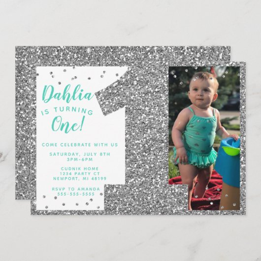 シルバーファースト誕生日招待状フェイクグリッター 招待状 (正面/裏面)