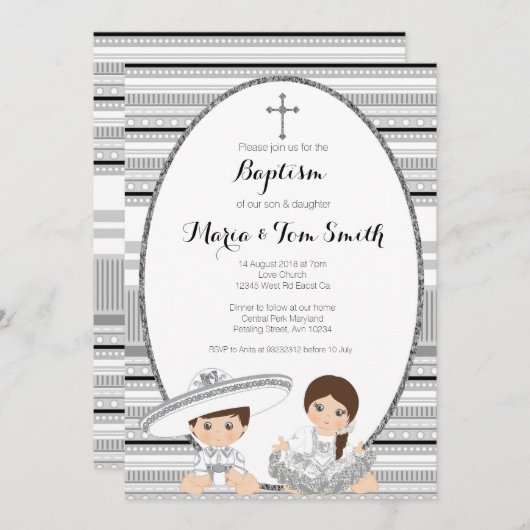 シルバーフィエスタボーイアンドガールバプティズム《キリスト教》洗礼式や命名式 招待状 (正面/裏面)