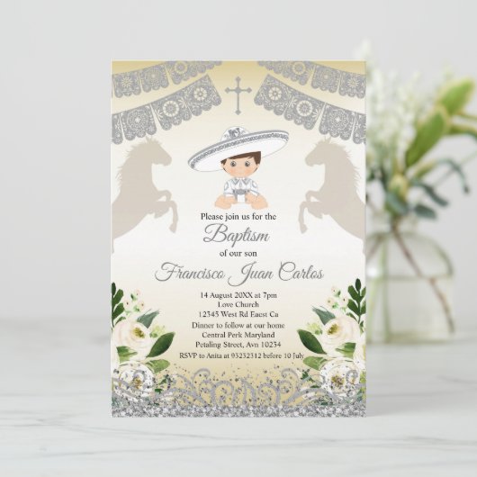 シルバーフィエスタボーイバプティスマ《キリスト教》洗礼式や命名式招待状 招待状 (スタンド正面)