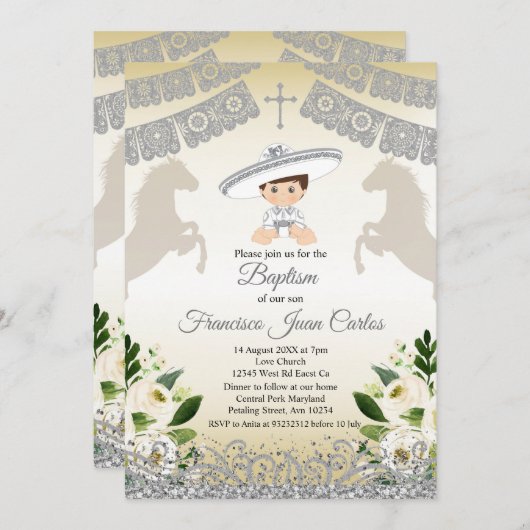 シルバーフィエスタボーイバプティスマ《キリスト教》洗礼式や命名式招待状 招待状 (正面/裏面)