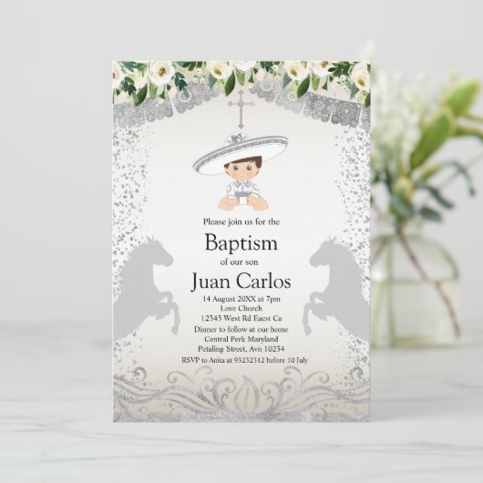シルバーフィエスタボーイバプティスマ《キリスト教》洗礼式や命名式 招待状 (スタンド正面)