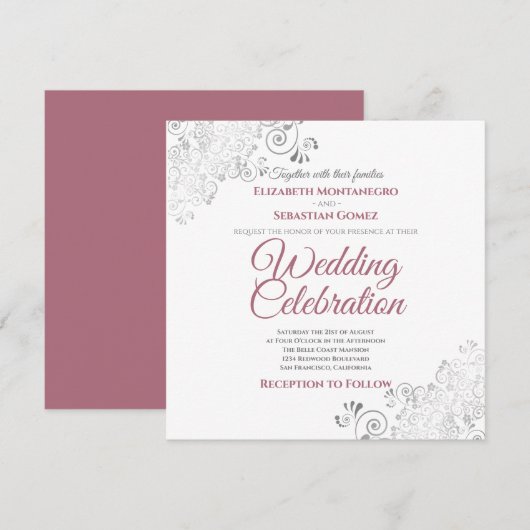 シルバーフィリグリーダスティバラ&ホワイトスクエア結婚ズ 招待状 (正面/裏面)