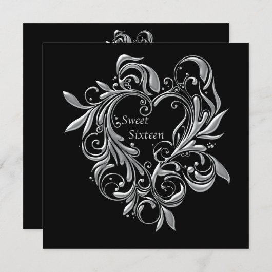 シルバーフィリグリーハートスウィート16パーティー 招待状 (正面/裏面)