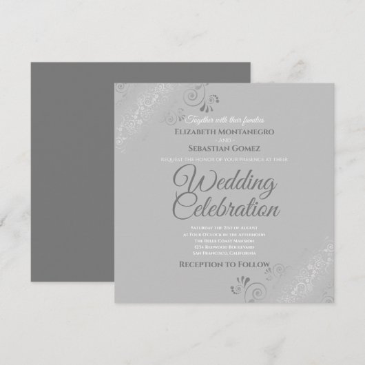 シルバーフィリグリー エレガント グレー スクエア 結婚式 招待状 (正面/裏面)