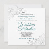 シルバーフィリグリー エレガント ティール＆グレー スクエア ウェディング 招待状 (正面)