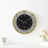 シルバーフェイクと金ゴールド縁どの黒い背景 ラージ壁時計 (ホーム)