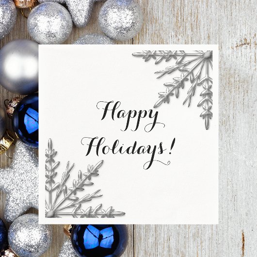 シルバーフェイクウィンタースノーフレークハッピーホリデー スタンダードカクテルナプキン