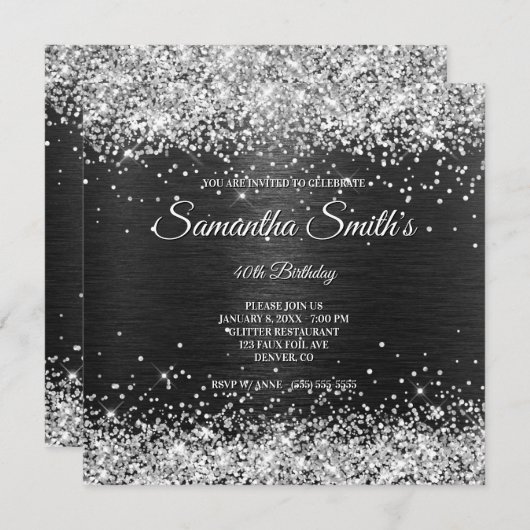 シルバーフェイクグリッターとブラックフォイル40歳の誕生日 招待状 (正面/裏面)