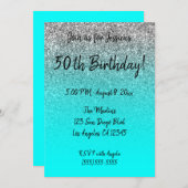 シルバーフェイクグリッターアクアグラデーション50th誕生日 招待状 (正面/裏面)
