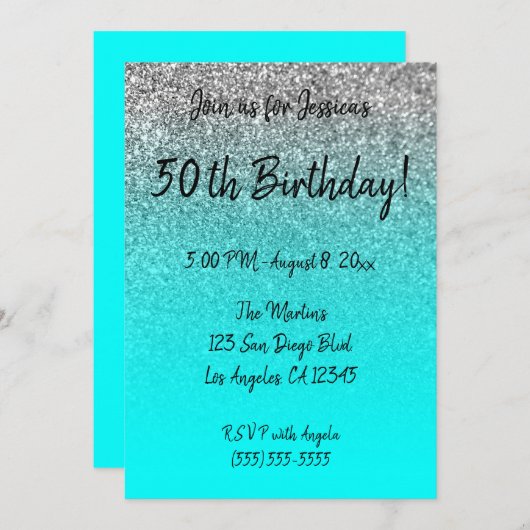 シルバーフェイクグリッターアクアグラデーション50th誕生日 招待状 (正面/裏面)