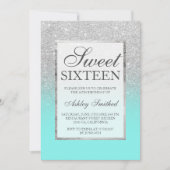 シルバーフェイクグリッターエレガントティール(緑がかった色)スウィート16 招待状 (正面)