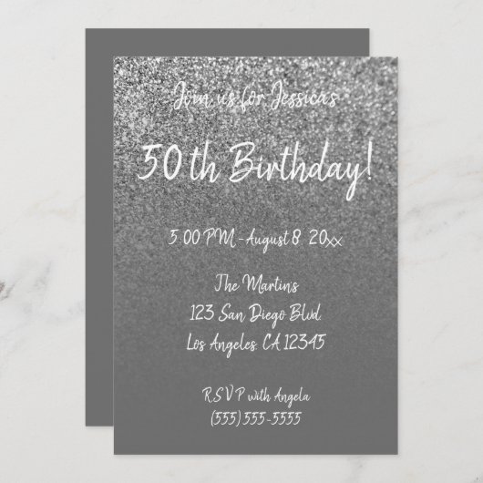 シルバーフェイクグリッターグレグラデーションー50th誕生日 招待状 (正面/裏面)