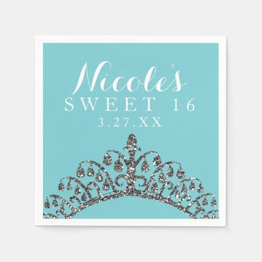 シルバーフェイクグリッターティアラクラウンバースデーパーティー スタンダードカクテルナプキン (正面)