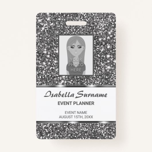 シルバーフェイクグリッターテクスチャルック&カスタム文字 バッジ (正面)