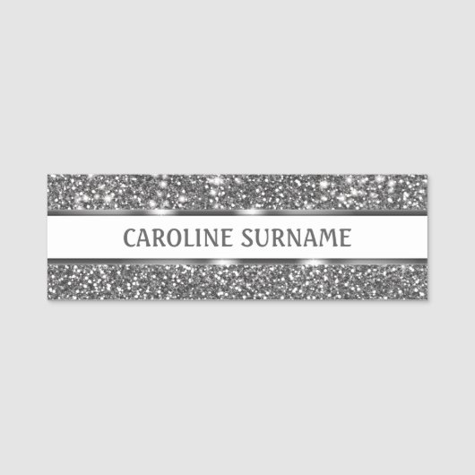 シルバーフェイクグリッターテクスチャルック&カスタム文字 名札 (正面)