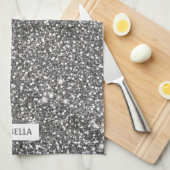 シルバーフェイクグリッターテクスチャルック&名前をカスタムする キッチンタオル (四つ折り)