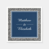 シルバーフェイクグリッターネイビーブルー結婚ズ紙 スタンダードカクテルナプキン (正面)