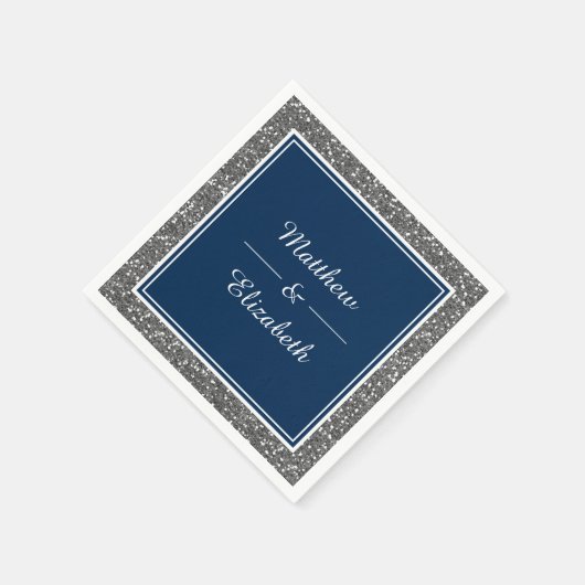 シルバーフェイクグリッターネイビーブルー結婚ズ紙 スタンダードカクテルナプキン (角)
