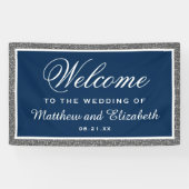シルバーフェイクグリッターネイビー結婚ブルー 横断幕 (横)