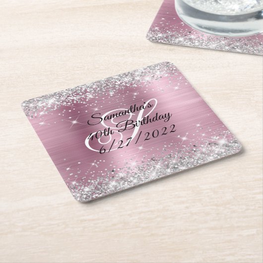 シルバーフェイクグリッターピンクフォイル40th誕生日紙 スクエアペーパーコースター (アングル)